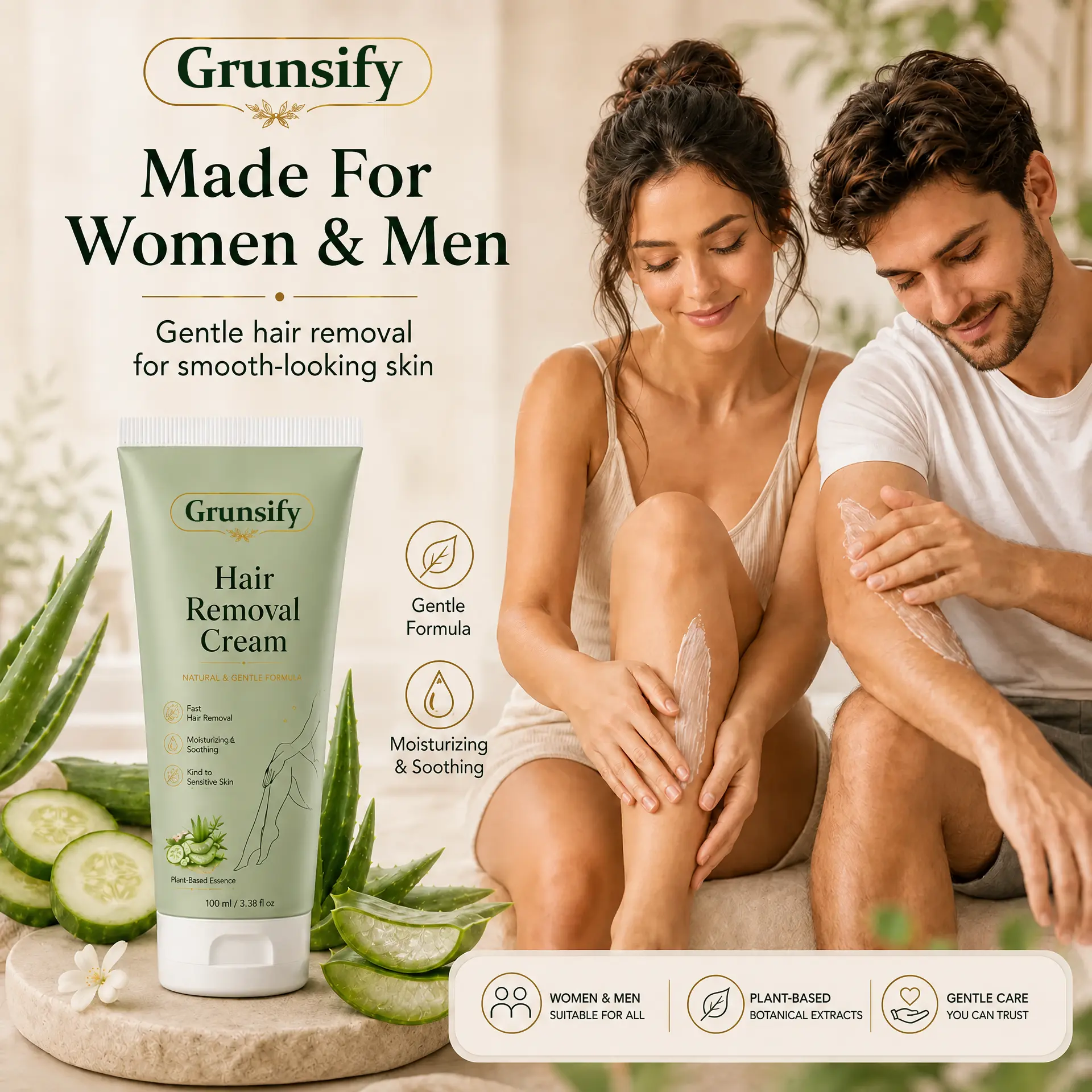 Grunsify® Natural Gentle Hair Removal Cream | For Women & Men, Sensitive Skin