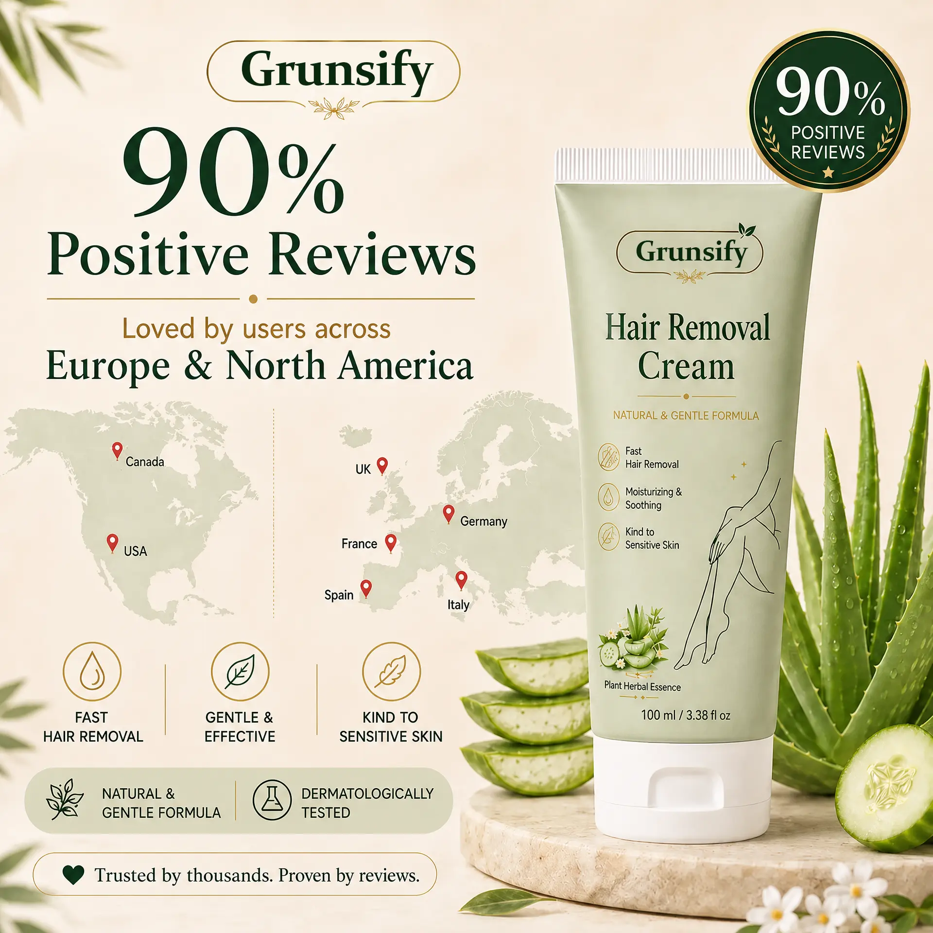 Grunsify® Natural Gentle Hair Removal Cream | For Women & Men, Sensitive Skin