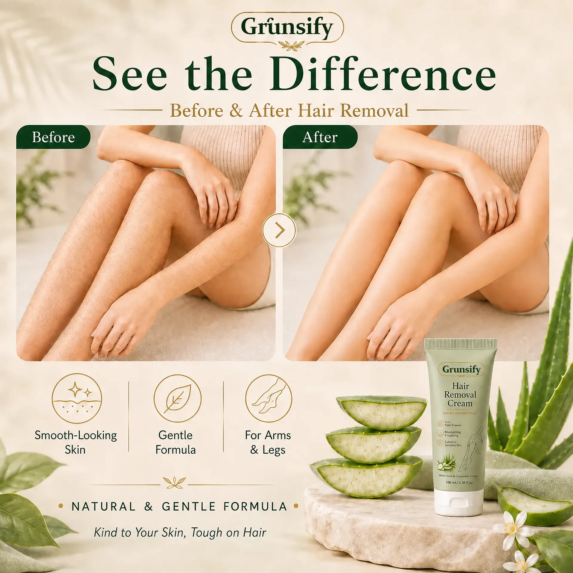 Grunsify® Natural Gentle Hair Removal Cream | For Women & Men, Sensitive Skin